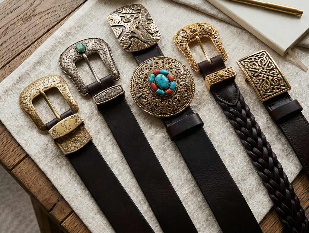Four ornate leather belts beside jewelry and a notebook labeled “Luxury Statement Belts”