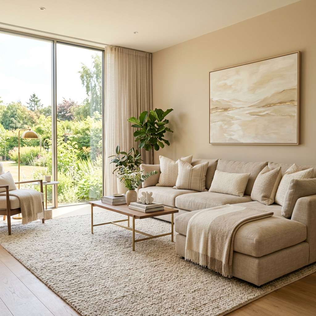 Neutral living room with sectional sofa, plants, and garden views