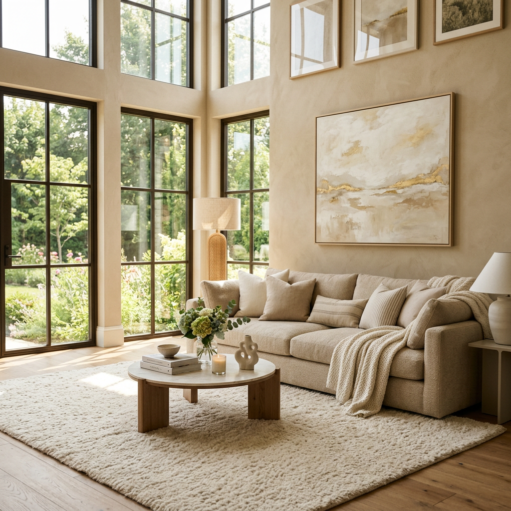Sunlit living room with beige sofa, round coffee table, and garden views