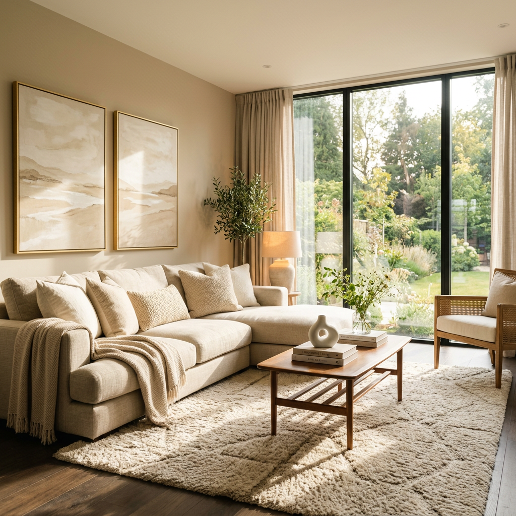 Luxurious neutral living room with windows