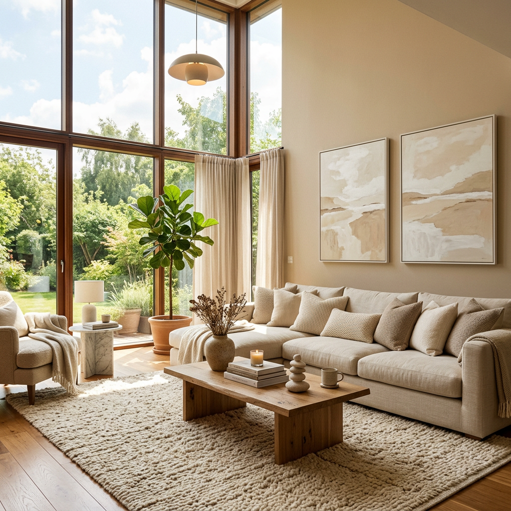 Sunlit neutral living room with sofa, coffee table, plants, and garden views