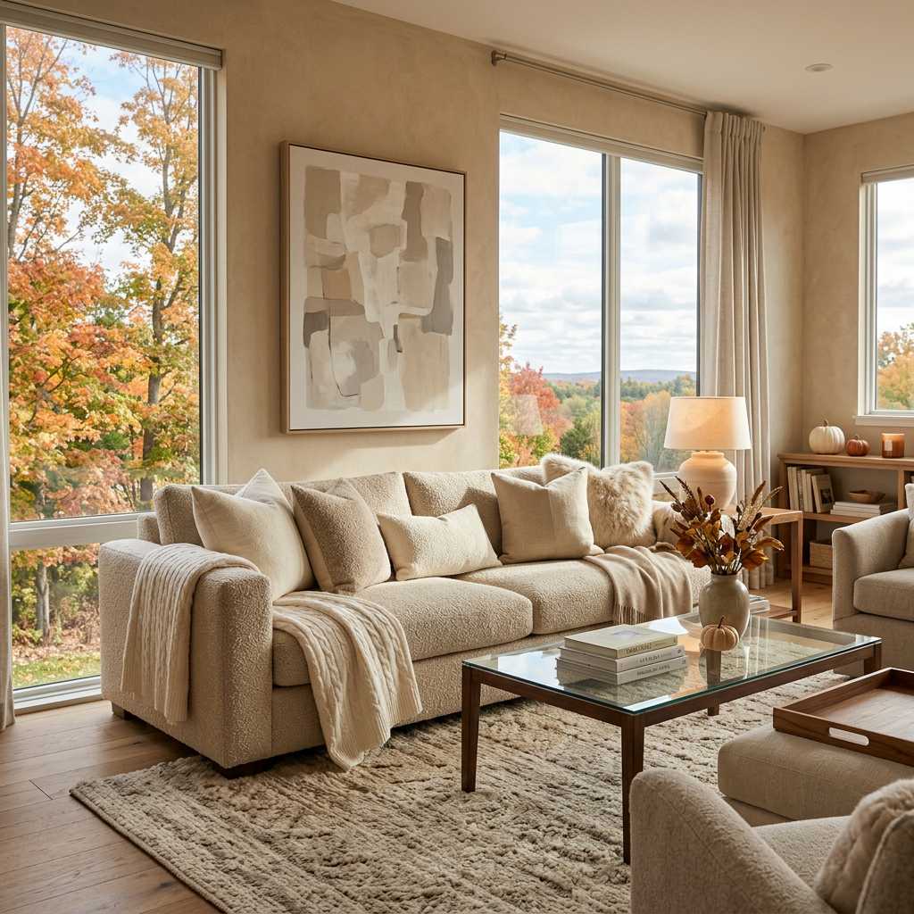 Cozy beige living room with sofa, coffee table, and autumn views