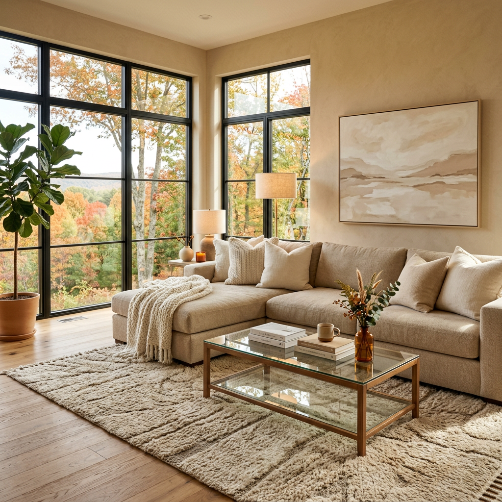 Cozy living room with sectional sofa and autumn trees beyond large windows