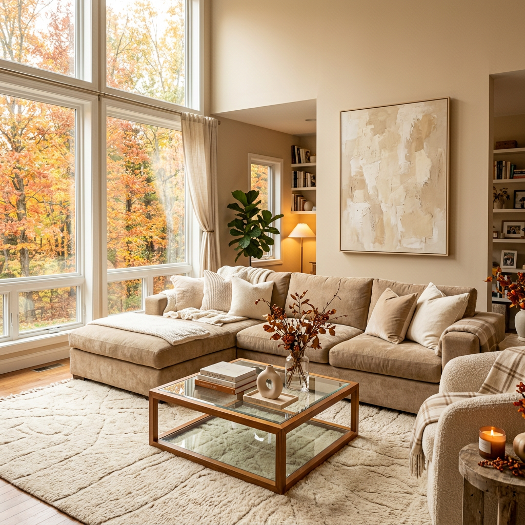 Cozy living room with beige sectional, glass coffee table, and autumn trees outside