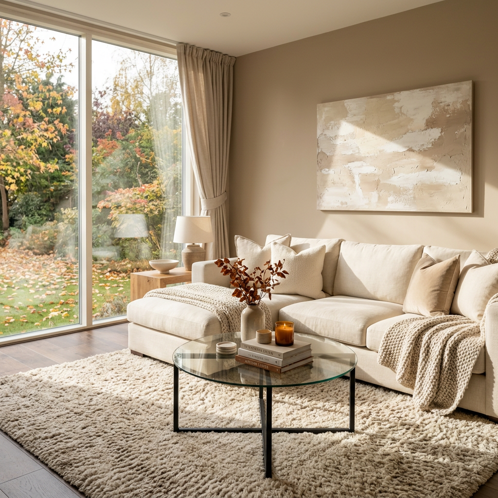 Cozy neutral living room with sofa, glass coffee table, and autumn garden view
