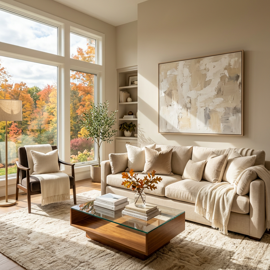 Sunlit living room with cream sofa, abstract art, and autumn trees outside