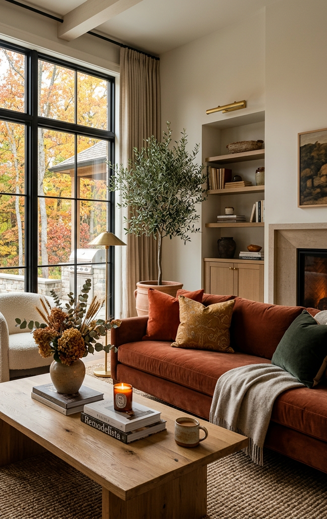 Woman relaxing in a cozy living room beside windows overlooking colorful autumn trees