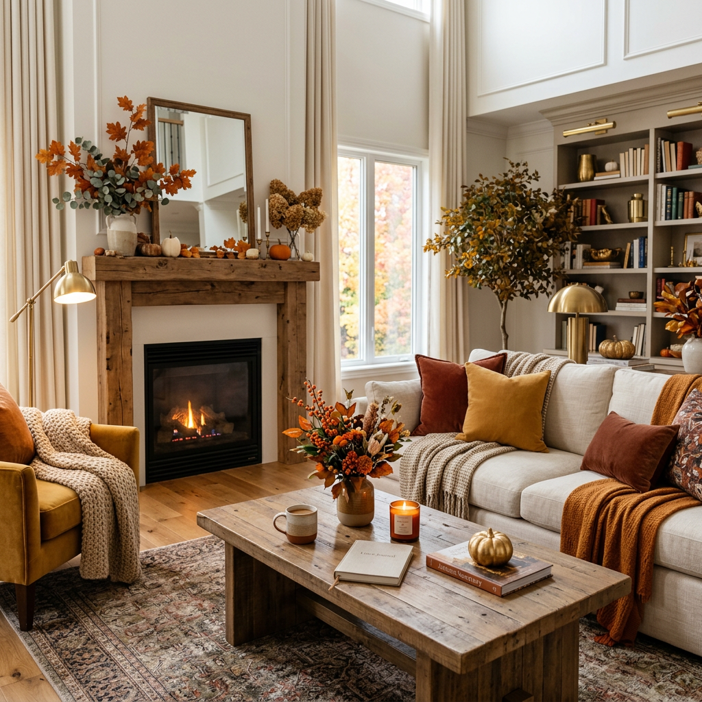 Cozy living room with fireplace, autumn decorations, sofa, and coffee table