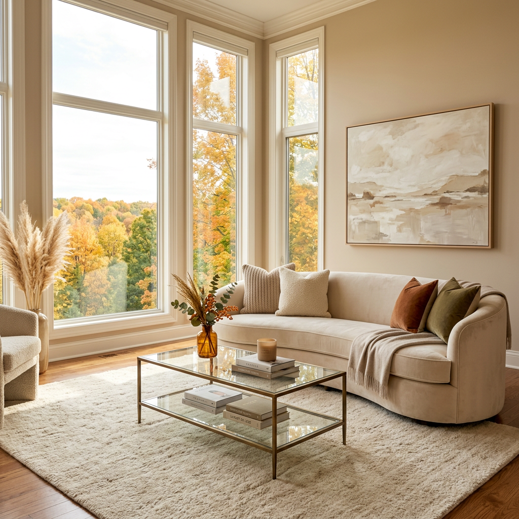 Neutral living room with tall windows overlooking colorful autumn trees