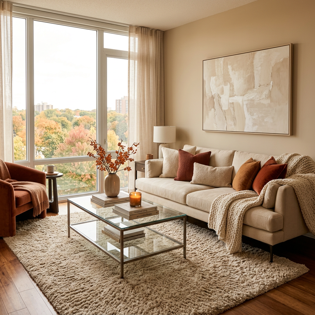 Luxurious autumn living room with windows