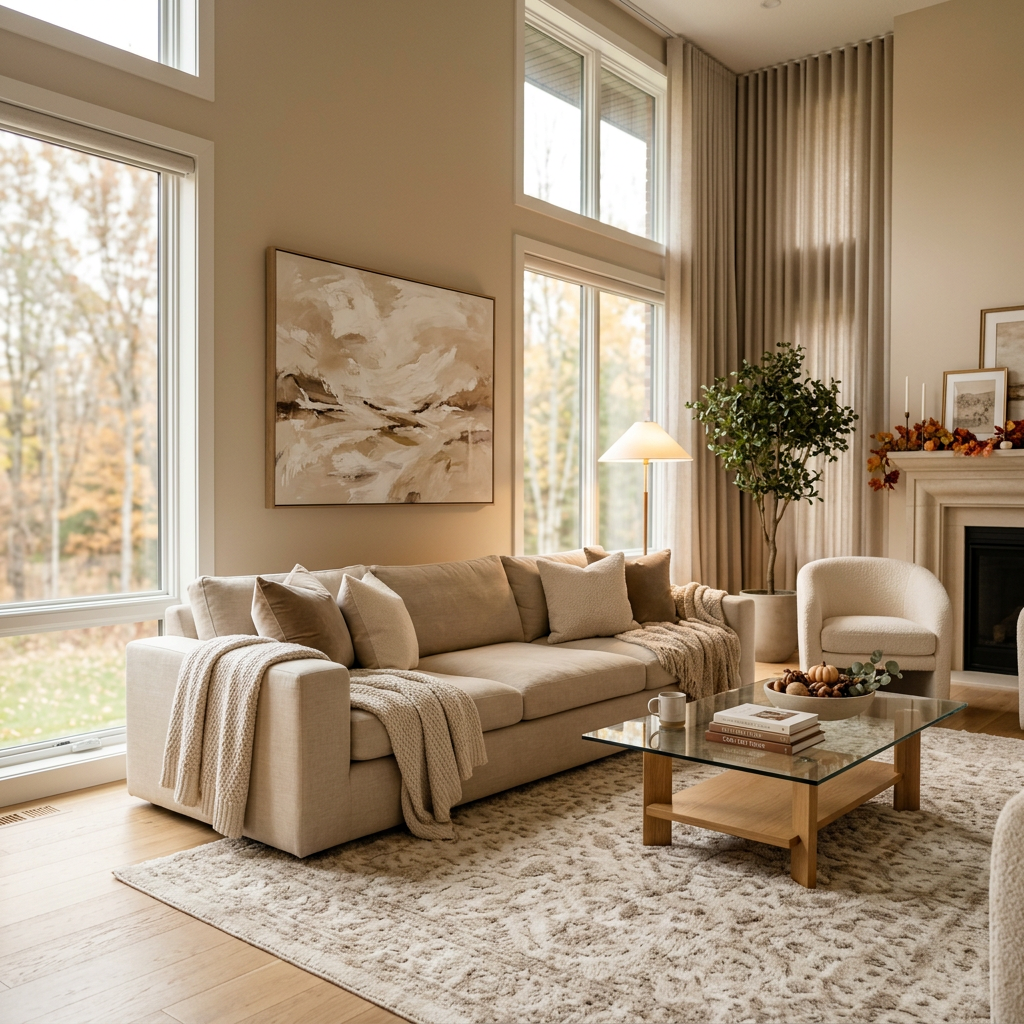 Sunlit neutral living room with sofa, coffee table, fireplace, and large windows