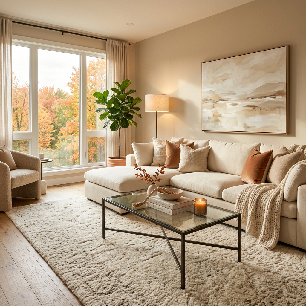 Cozy living room with sectional sofa, glass coffee table, plant, and autumn trees outside