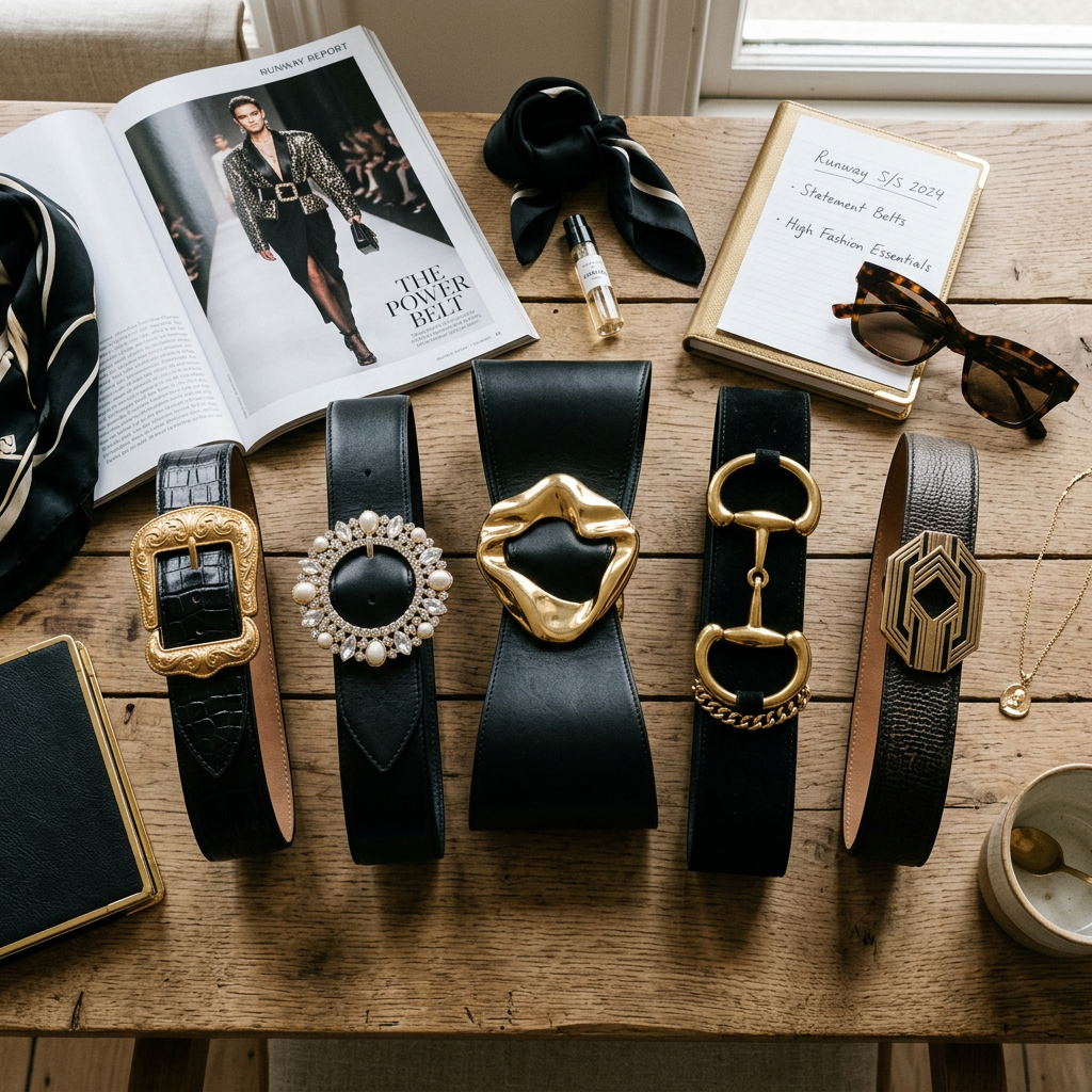 Statement belts beside a runway report, sunglasses, perfume, and notes reading “Runway S/S 2024,” “Statement Belts,” and “High Fashion Essentials.”