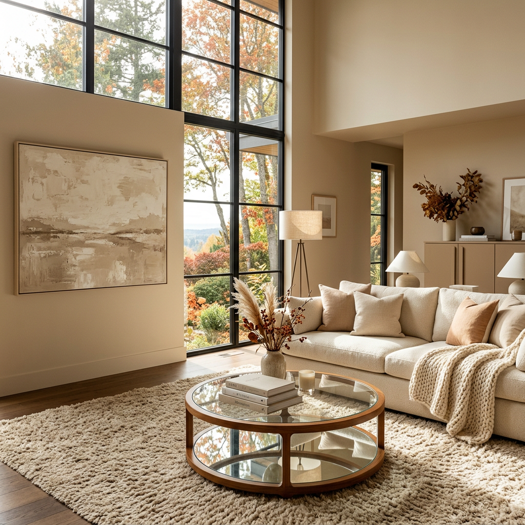 Contemporary living room with cream sofa, round glass coffee table, and autumn trees outside