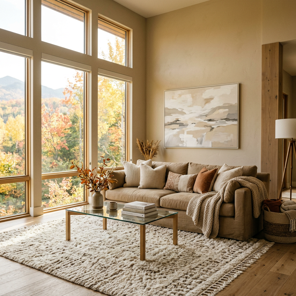 Cozy living room with sofa, coffee table, and autumn mountain views