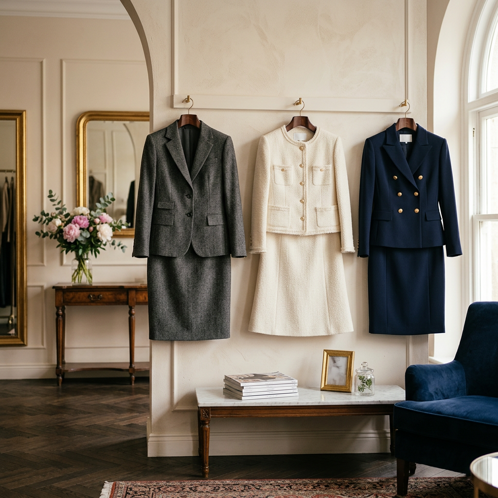 Three womenโs outfits hanging on hooks: gray suit, cream skirt suit, and navy suit