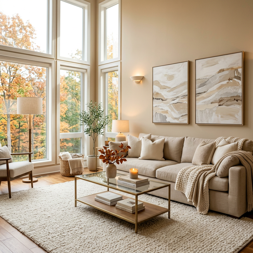 Neutral living room with sofa, coffee table, large windows, and autumn trees