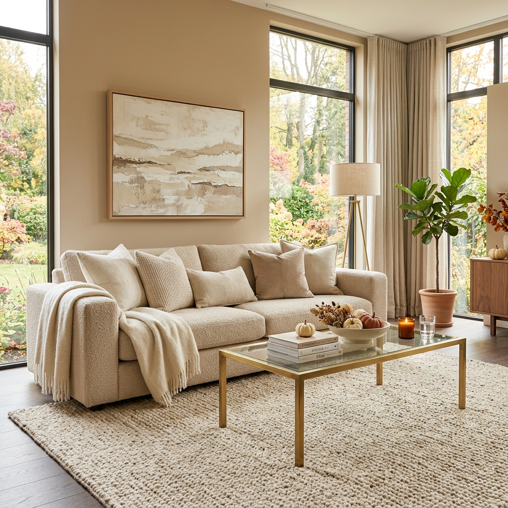Neutral living room with sofa, coffee table, plants, and garden views