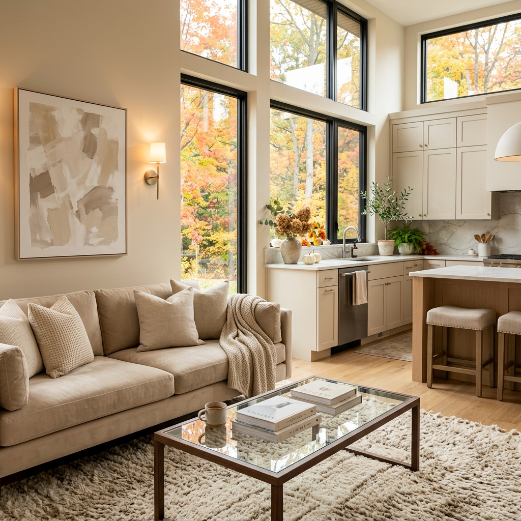 Open-plan living room and kitchen with large windows overlooking autumn trees