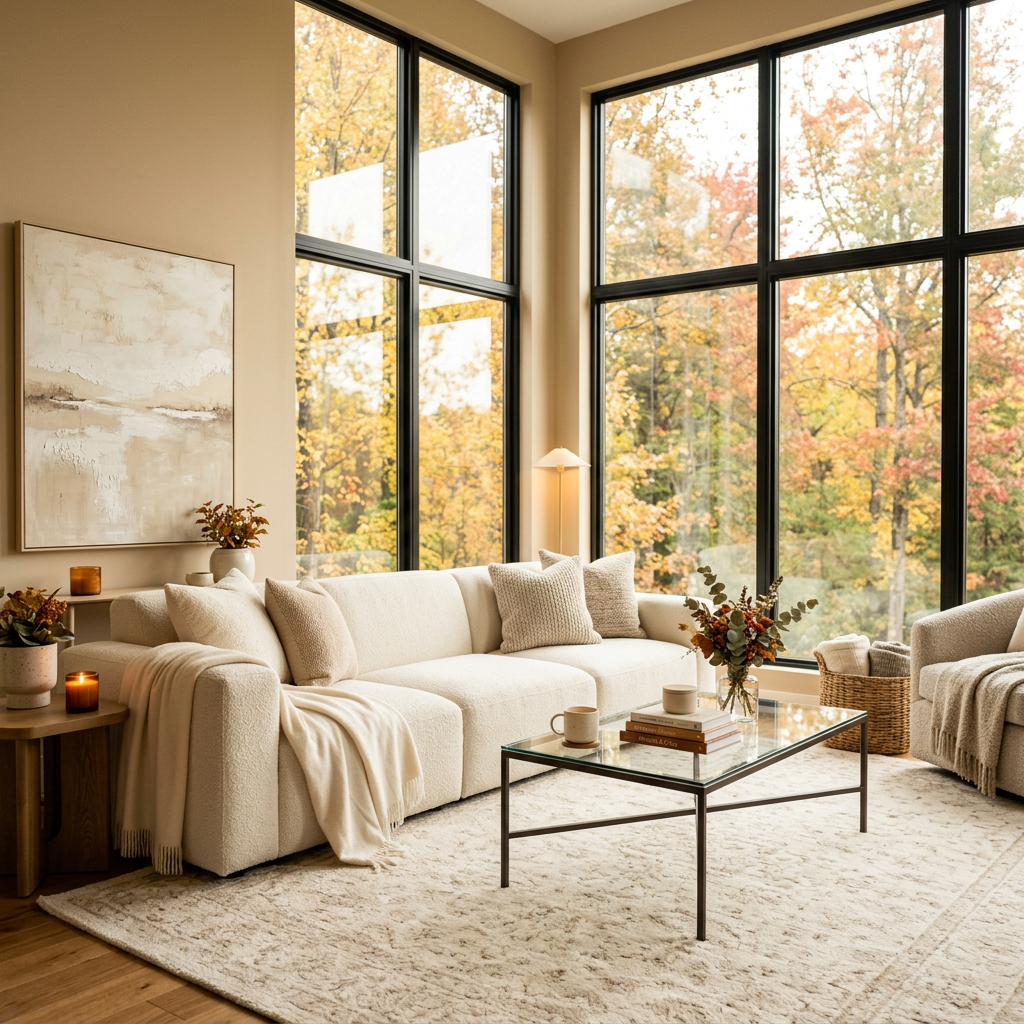 Cream living room with sofa, coffee table, and autumn trees outside