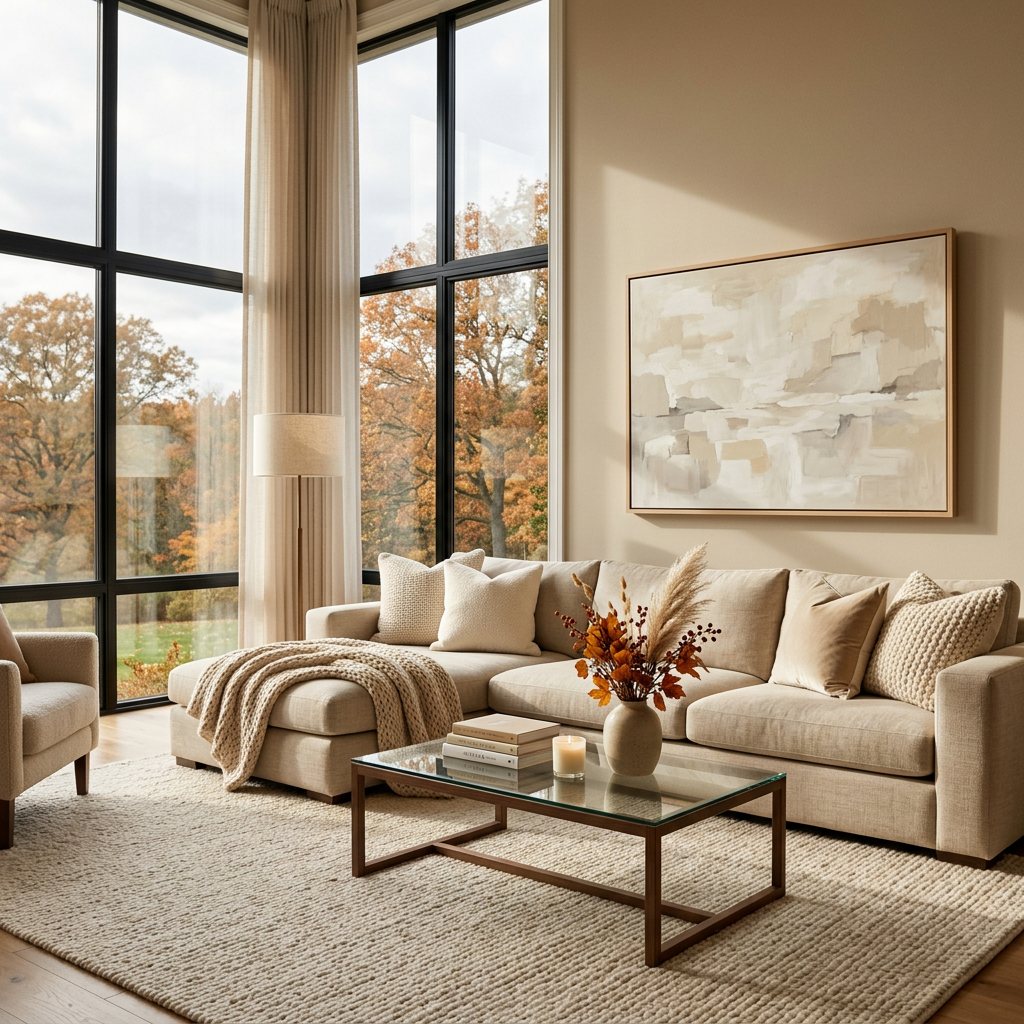 Neutral living room with sofa, glass coffee table, and autumn trees outside
