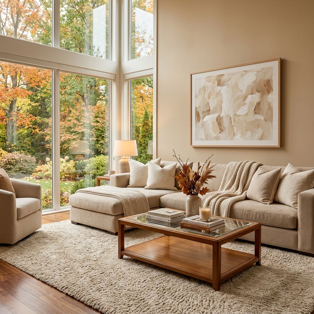 Cozy living room with autumn trees visible through large windows
