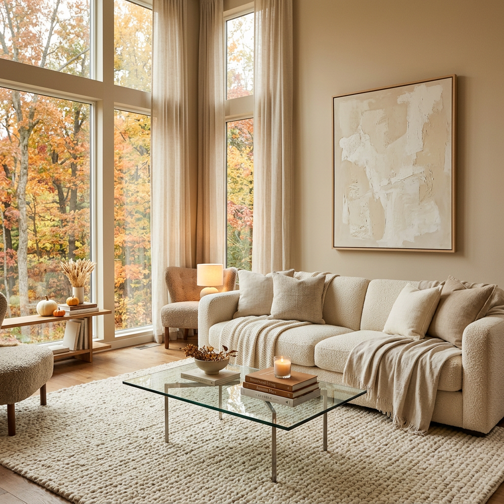 Cozy living room with neutral seating, autumn trees outside, and a glass coffee table