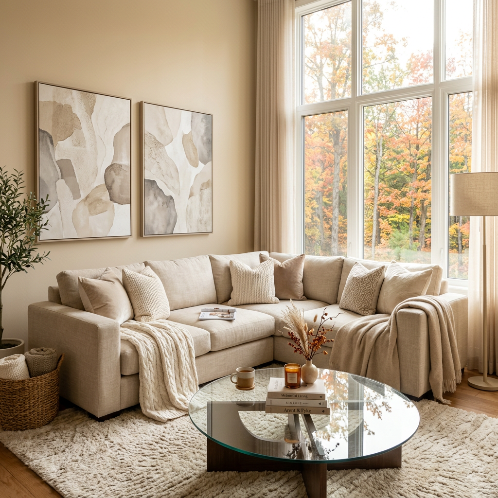 Cozy neutral living room with sectional sofa, coffee table, and autumn trees outside
