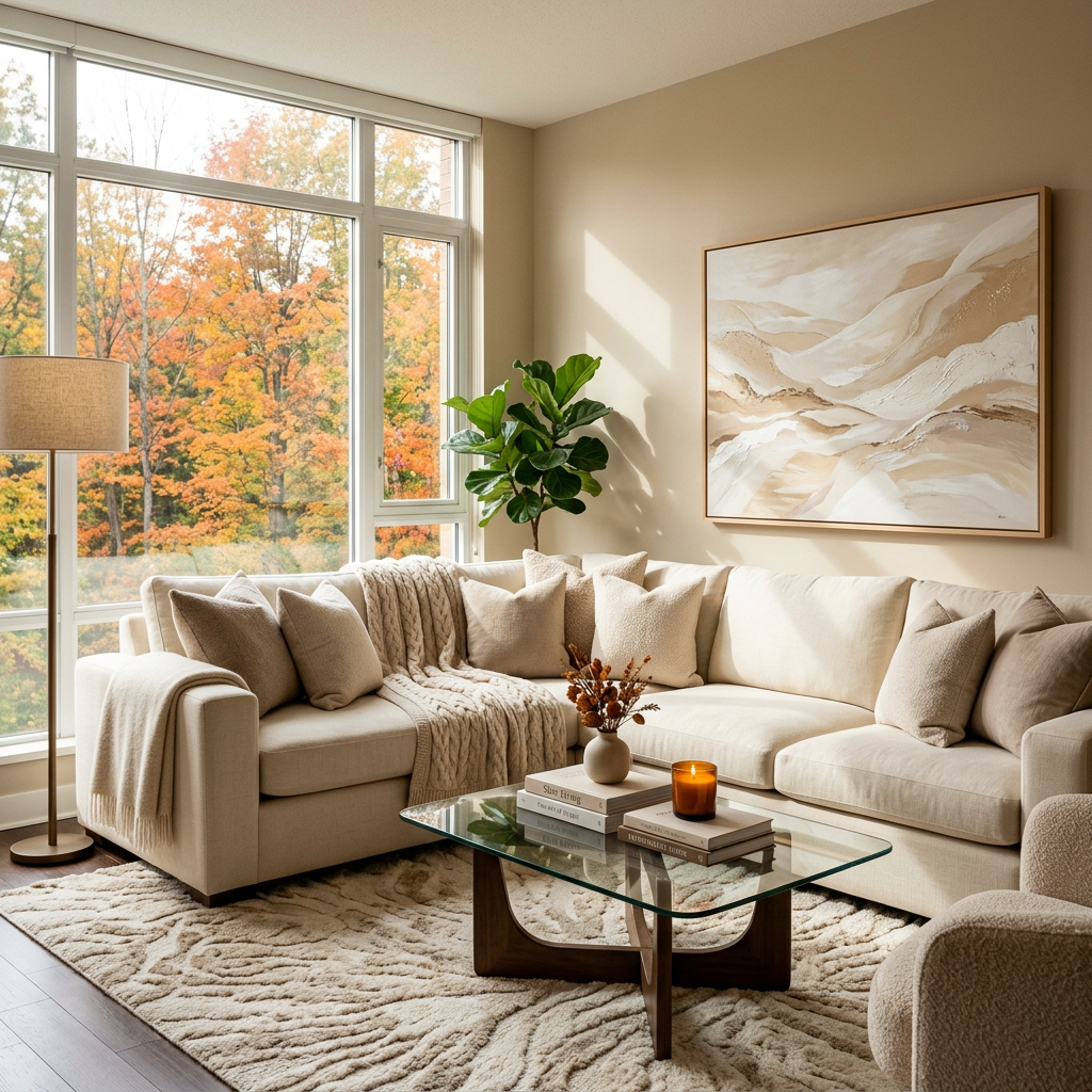 Sunlit neutral living room with sofa, coffee table, plant, and autumn trees outside
