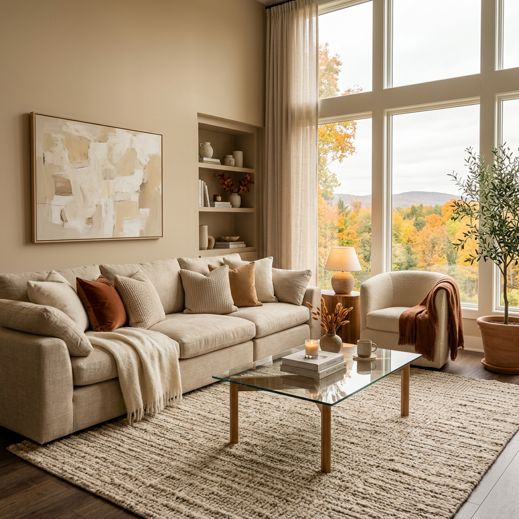 Cozy living room with beige sofa, glass coffee table, and autumn view