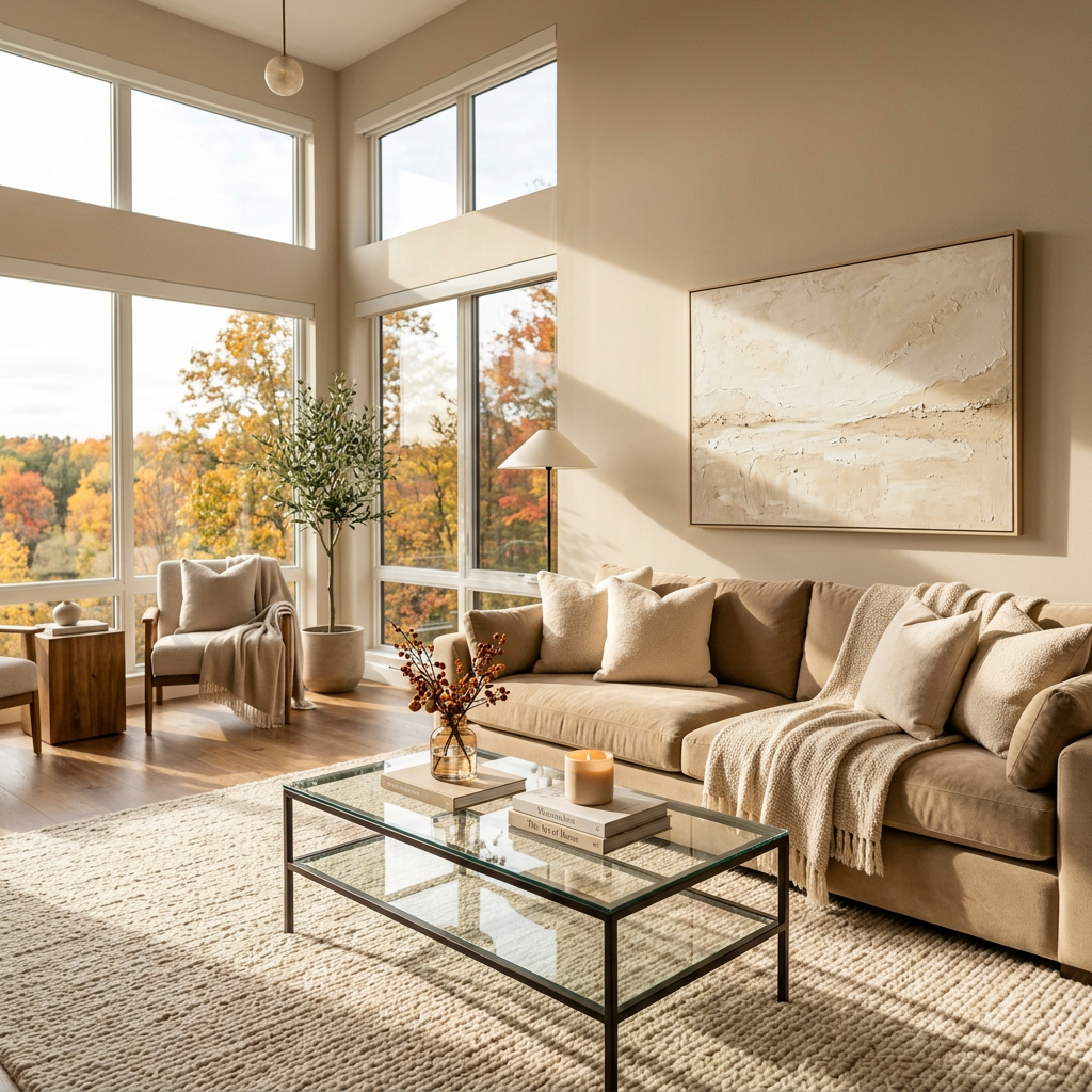 Sunlit living room with beige sofa, glass coffee table, and autumn views