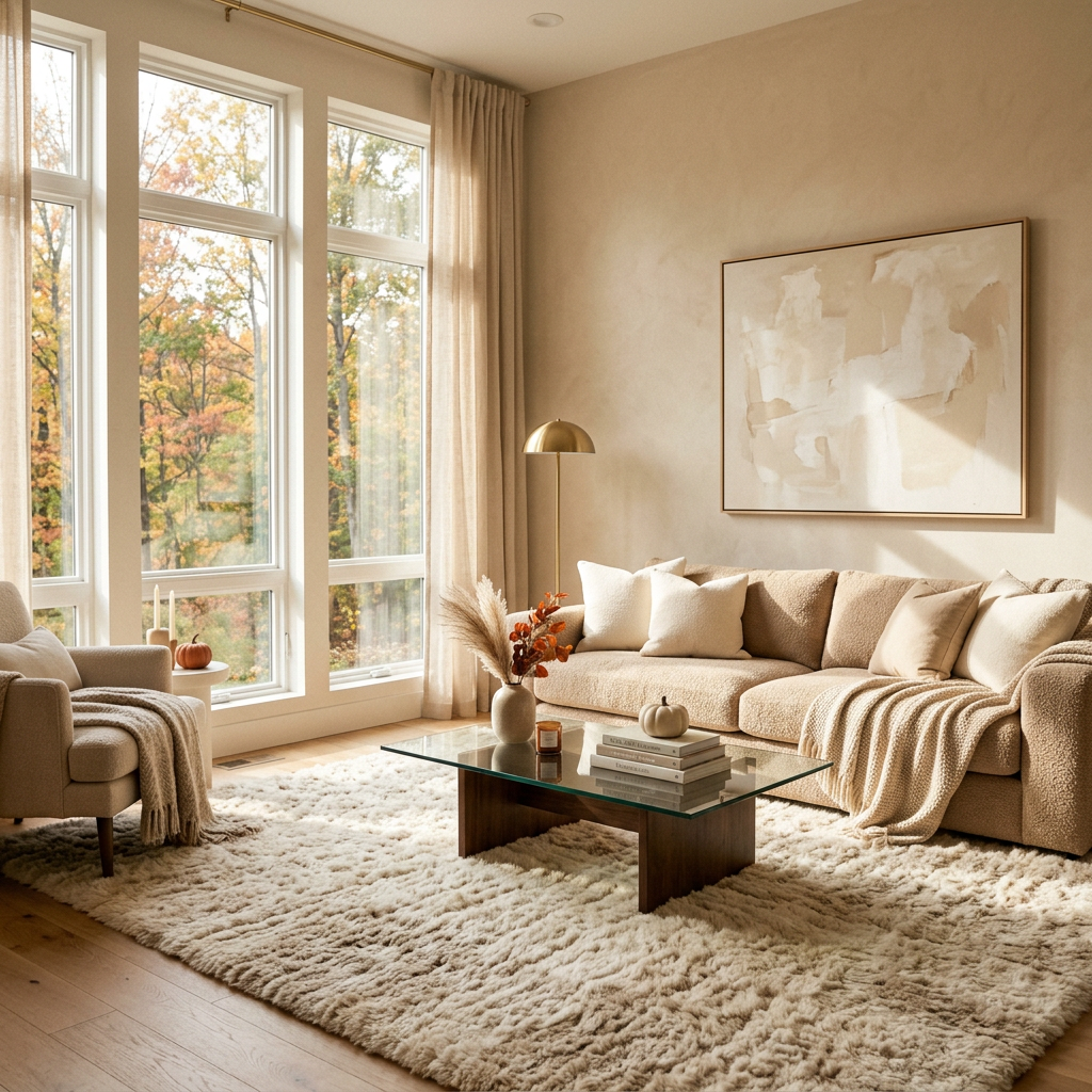 Cozy neutral living room with autumn trees visible through tall windows