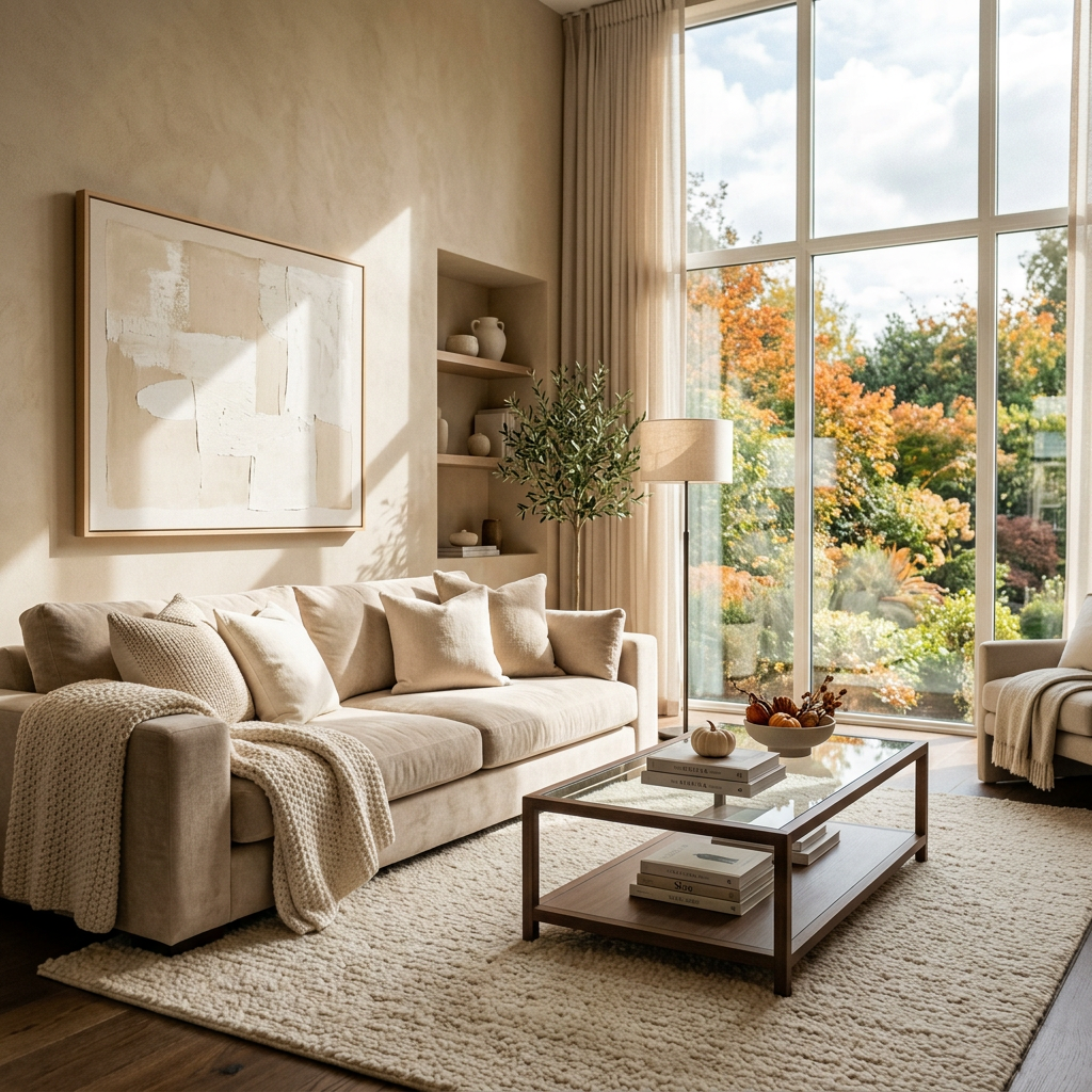 Neutral living room with sofa, coffee table, plants, and autumn garden view