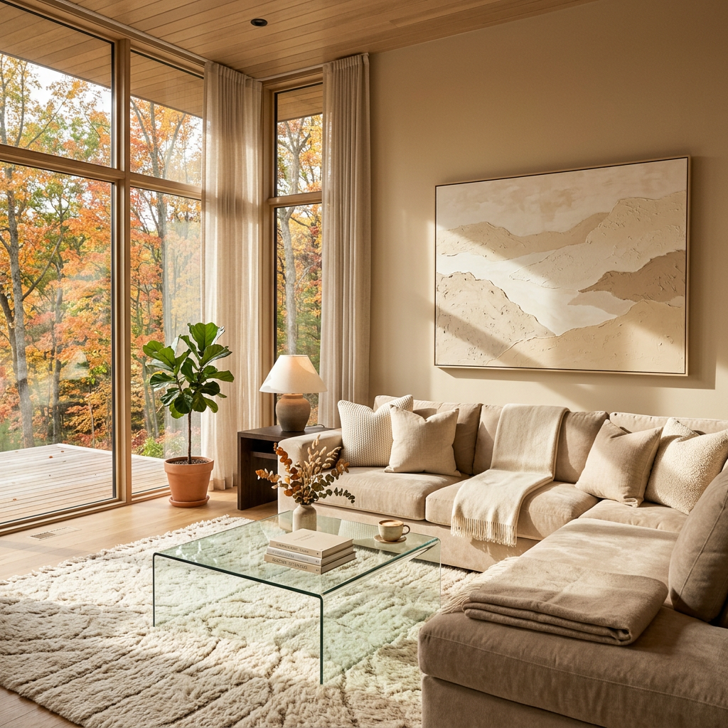 Cozy living room with autumn trees visible through large windows