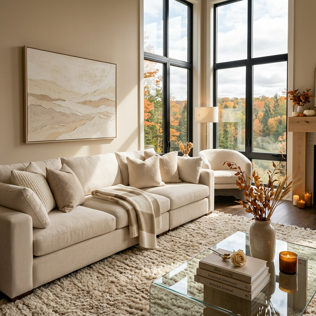Luxurious fall living room with sunlight