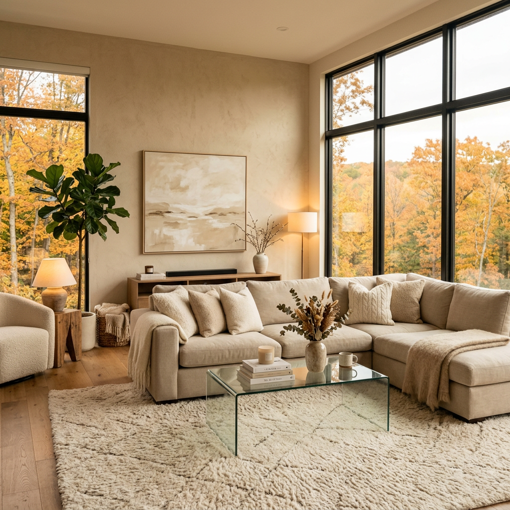Cozy living room with large windows overlooking autumn trees