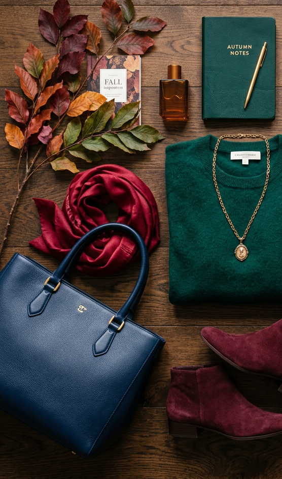 Autumn clothing and accessories arranged on a wooden table