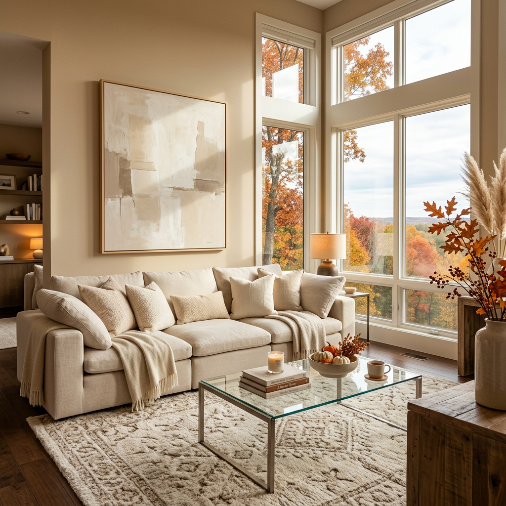 Cozy living room with cream sofa, glass table, and autumn trees outside