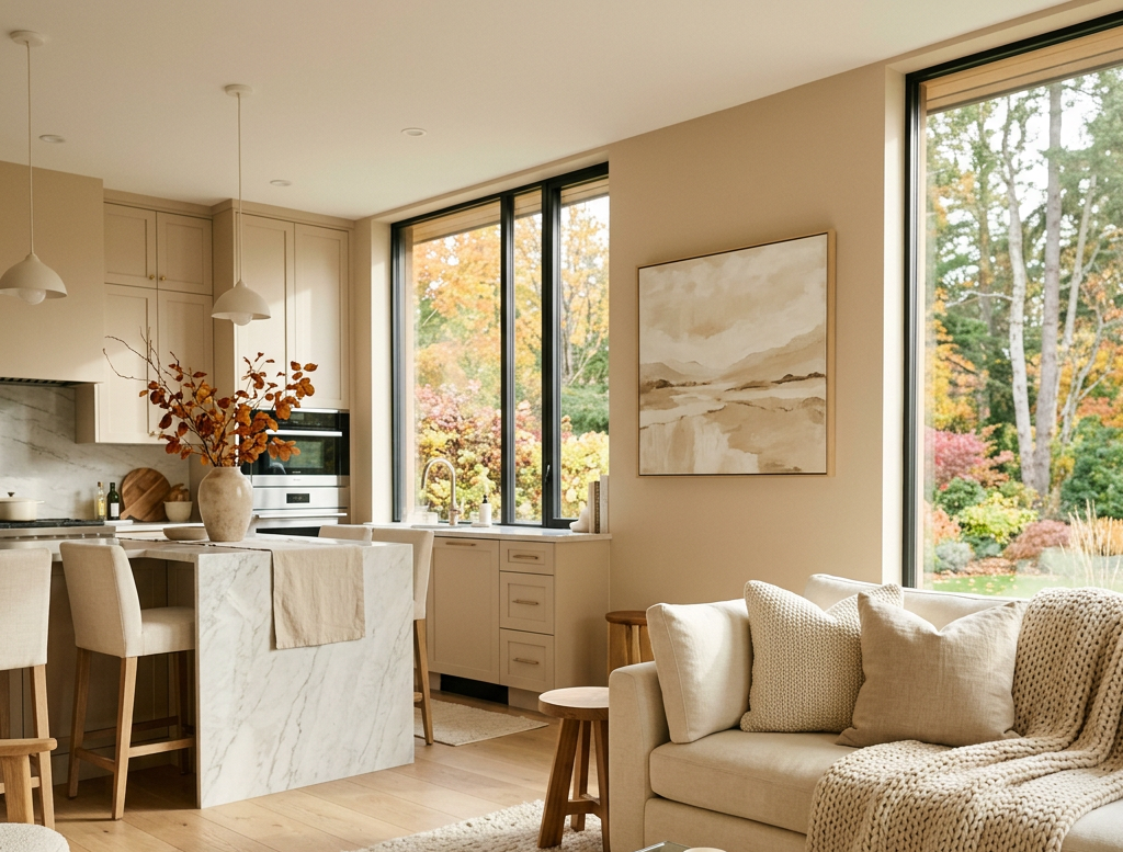 Open-plan kitchen and living room with neutral furnishings and autumn views