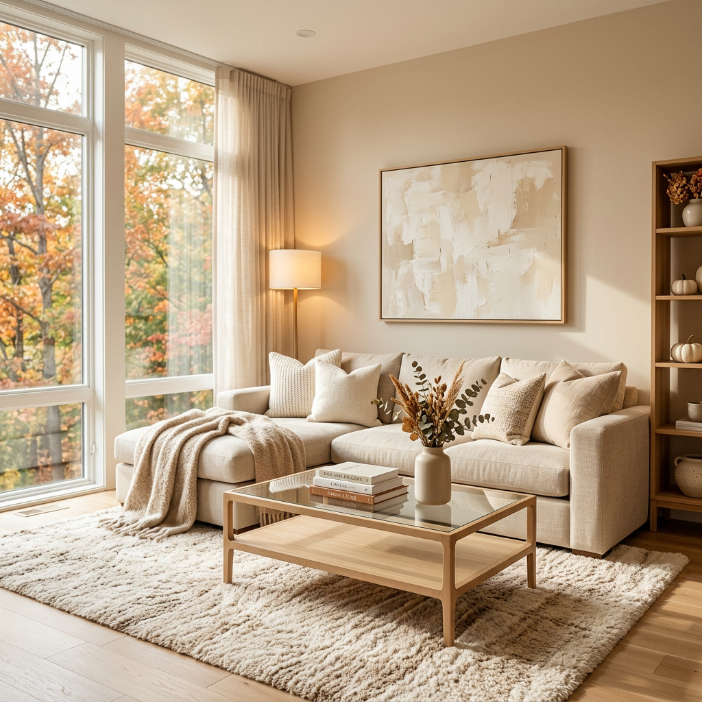 Cozy living room with sofa, coffee table, rug, and autumn trees outside