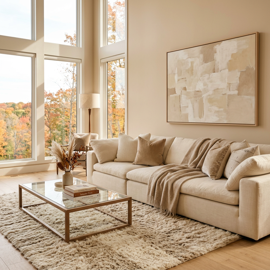 Neutral living room with sofa, coffee table, abstract art, and autumn trees outside
