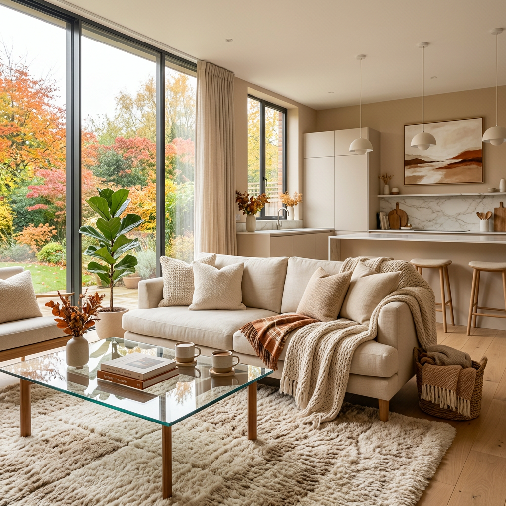 Cozy open-plan living room and kitchen overlooking colorful autumn trees