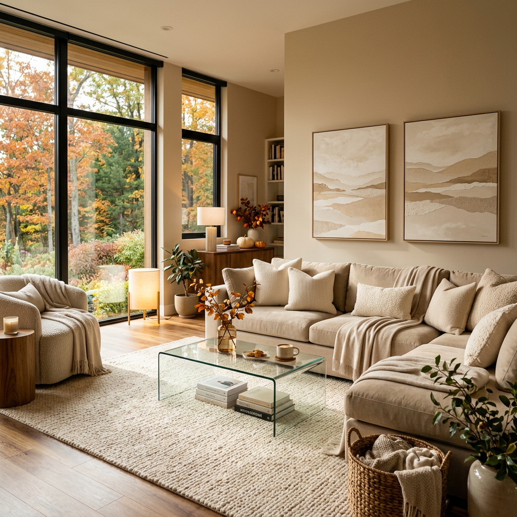 Cozy living room with large windows overlooking colorful autumn trees