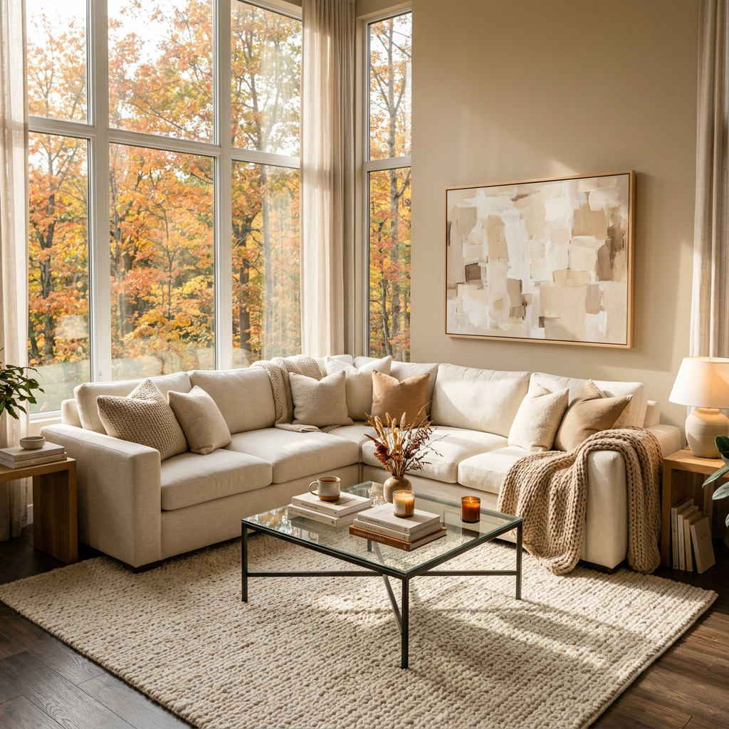 Luxurious fall living room with windows