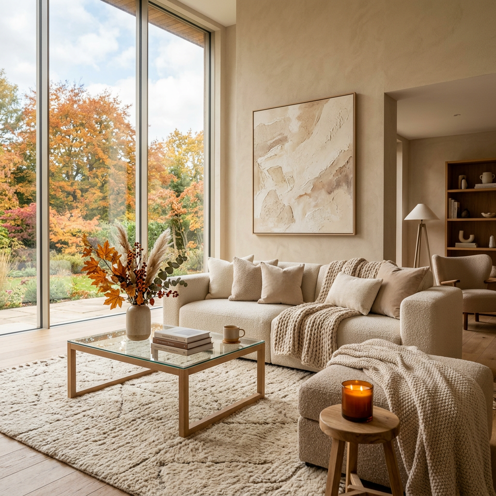 Cozy living room with autumn trees visible through large windows