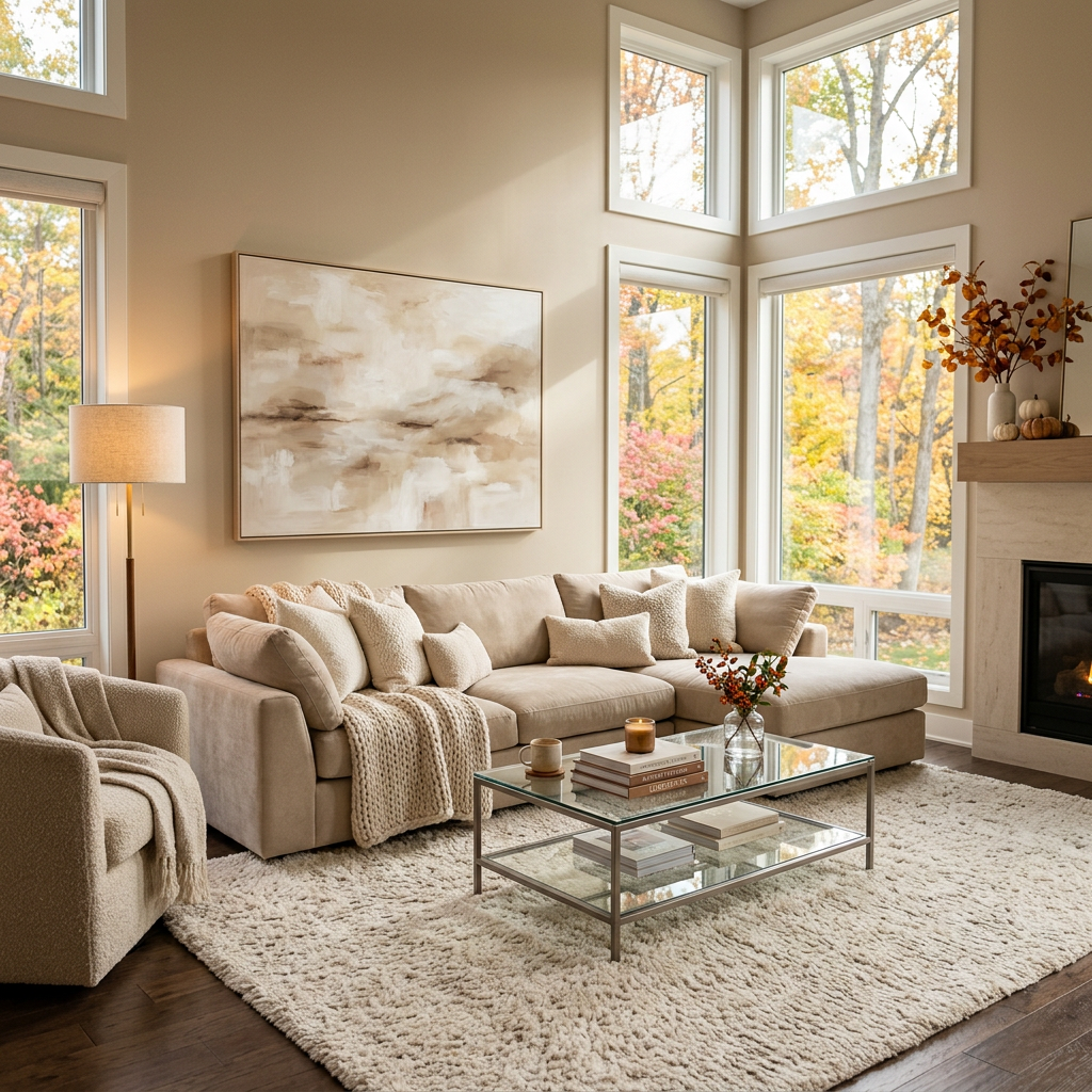 Cozy neutral living room with autumn views through large windows