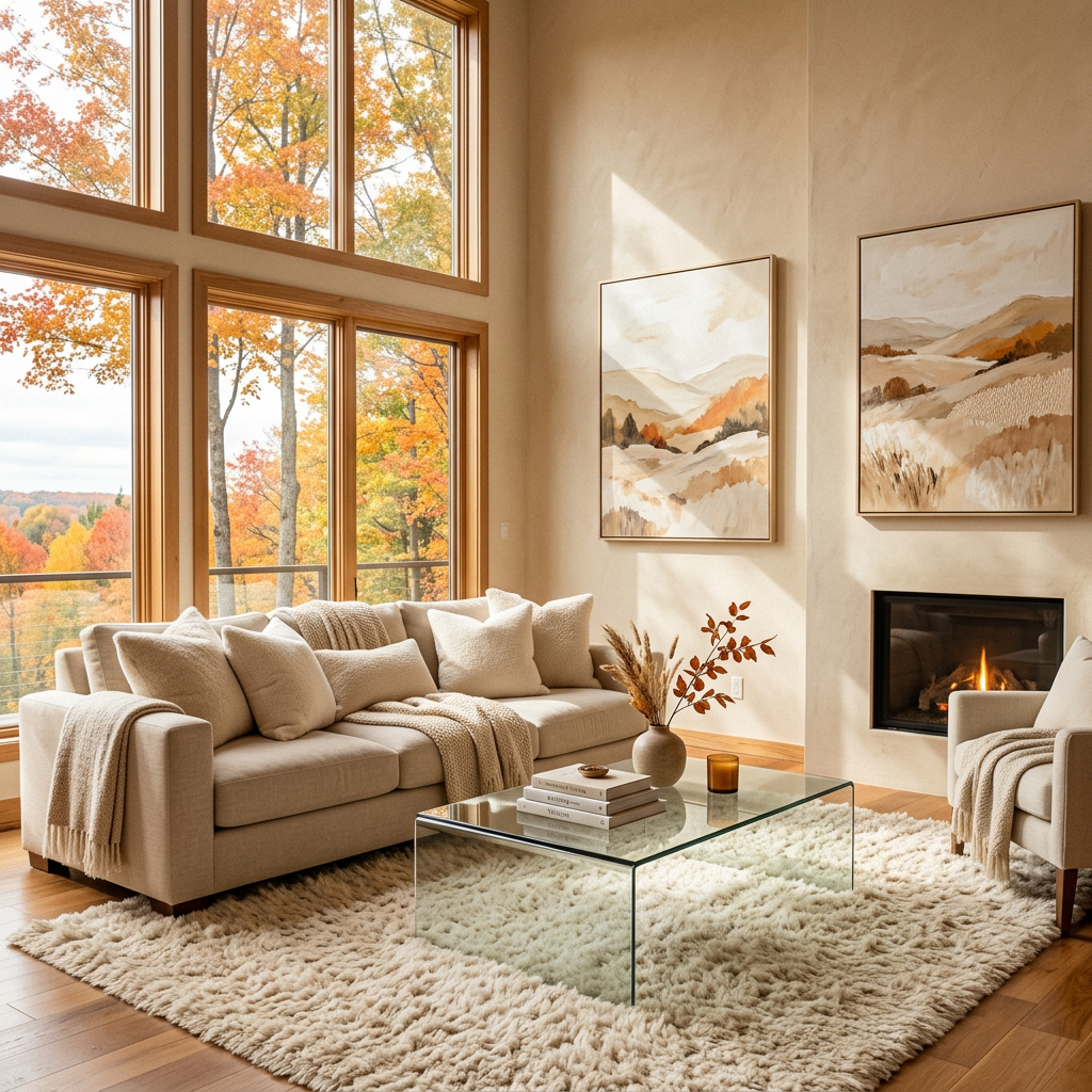 Cozy living room with autumn views, landscape paintings, and fireplace