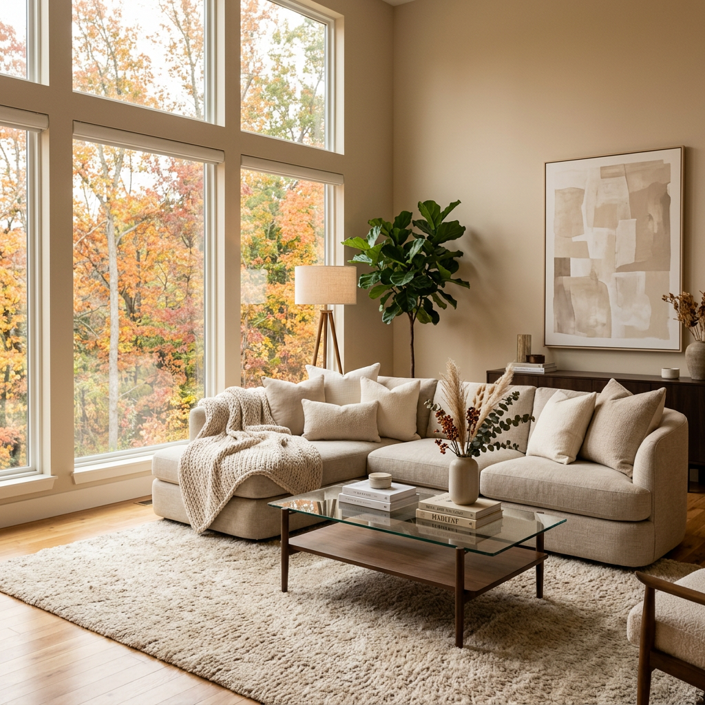 Neutral living room with autumn trees visible through large windows