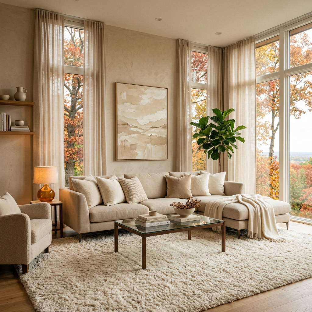 Cozy living room with sectional sofa, plants, and autumn trees outside